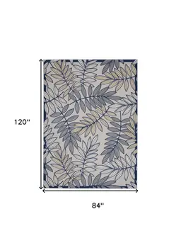 7' X 10' Navy Blue And Ivory Botanical Leaves Indoor Outdoor Area Rug