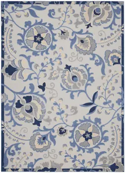 8' X 11' Blue And Gray Floral Indoor Outdoor Area Rug