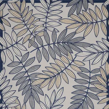 8' X 11' Navy Blue And Ivory Botanical Leaves Indoor Outdoor Area Rug