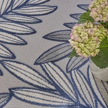 8' X 11' Navy Blue And Ivory Botanical Leaves Indoor Outdoor Area Rug