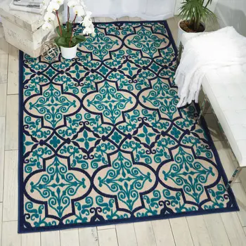 8' X 11' Navy Blue Ivory And Blue Trellis Indoor Outdoor Area Rug