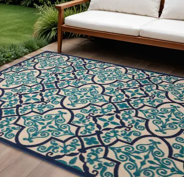 8' X 11' Navy Blue Ivory And Blue Trellis Indoor Outdoor Area Rug