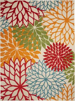 8' X 11' Green Orange Red And Blue Floral Indoor Outdoor Area Rug