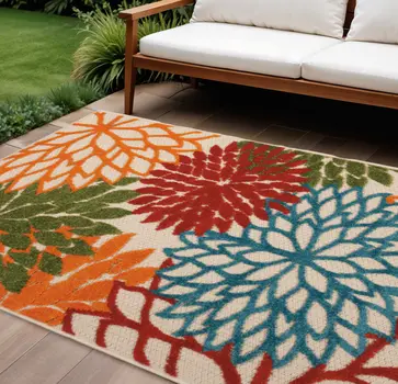 8' X 11' Green Orange Red And Blue Floral Indoor Outdoor Area Rug