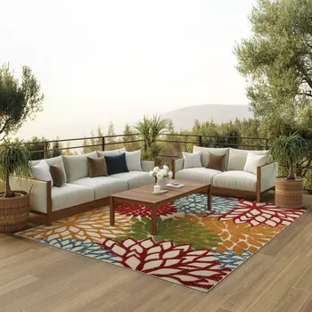 8' X 11' Green Orange Red And Blue Floral Indoor Outdoor Area Rug