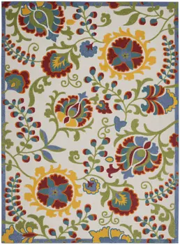 8' X 11' Green Red Ivory And Yellow Floral Indoor Outdoor Area Rug
