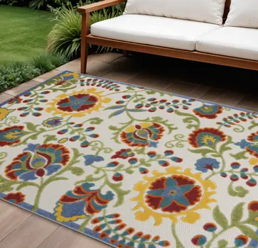 8' X 11' Green Red Ivory And Yellow Floral Indoor Outdoor Area Rug