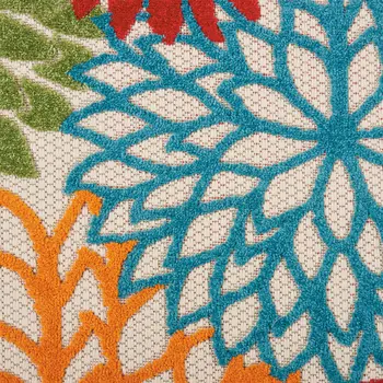 12' Ivory Green Blue Red And Orange Floral Indoor Outdoor Runner Rug