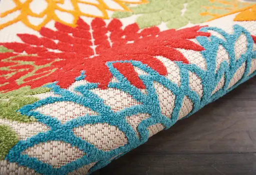12' Ivory Green Blue Red And Orange Floral Indoor Outdoor Runner Rug