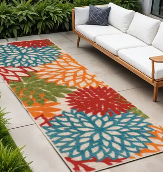12' Ivory Green Blue Red And Orange Floral Indoor Outdoor Runner Rug