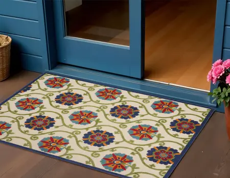 3' X 4' Navy Blue Beige Green Blue And Red Floral Indoor Outdoor Area Rug