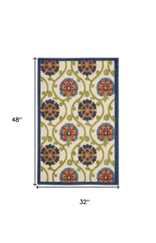 3' X 4' Navy Blue Beige Green Blue And Red Floral Indoor Outdoor Area Rug