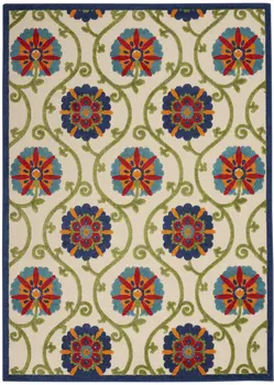 4' X 6' Navy Blue Beige Green Blue And Red Floral Indoor Outdoor Area Rug
