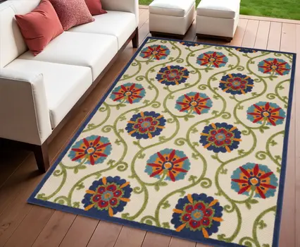 4' X 6' Navy Blue Beige Green Blue And Red Floral Indoor Outdoor Area Rug