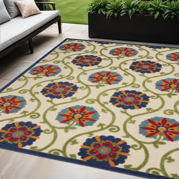 5' X 8' Navy Blue Beige Green Blue And Red Floral Indoor Outdoor Area Rug
