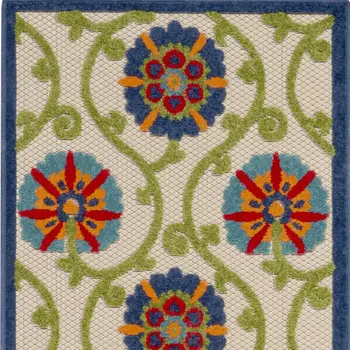 6' Navy Blue Beige Green Blue And Red Floral Indoor Outdoor Runner Rug