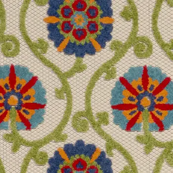 6' Navy Blue Beige Green Blue And Red Floral Indoor Outdoor Runner Rug