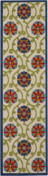 8' Navy Blue Beige Green Blue And Red Floral Indoor Outdoor Runner Rug