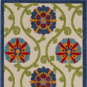 10' Navy Blue Beige Green Blue And Red Floral Indoor Outdoor Runner Rug