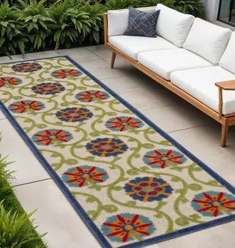 10' Navy Blue Beige Green Blue And Red Floral Indoor Outdoor Runner Rug
