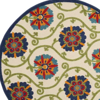 4' Navy Blue Beige Green Blue And Red Round Floral Indoor Outdoor Area Rug