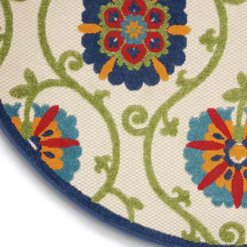 5' Navy Blue Beige Green Blue And Red Round Floral Indoor Outdoor Area Rug