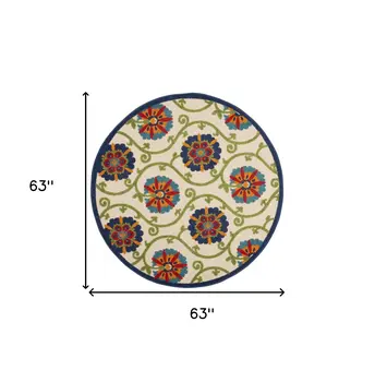 5' Navy Blue Beige Green Blue And Red Round Floral Indoor Outdoor Area Rug