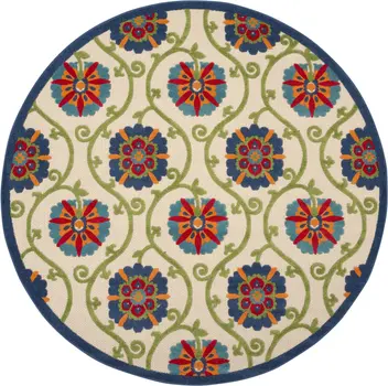8' Navy Blue Beige Green Blue And Red Round Floral Indoor Outdoor Area Rug