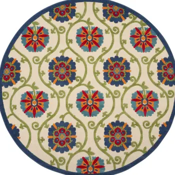 8' Navy Blue Beige Green Blue And Red Round Floral Indoor Outdoor Area Rug