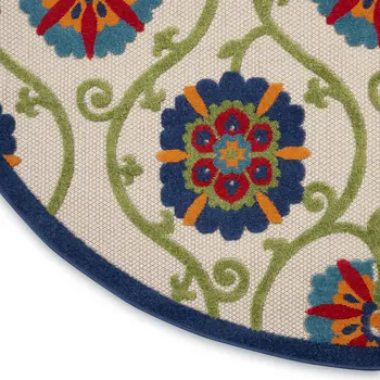 8' Navy Blue Beige Green Blue And Red Round Floral Indoor Outdoor Area Rug