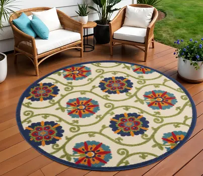 8' Navy Blue Beige Green Blue And Red Round Floral Indoor Outdoor Area Rug