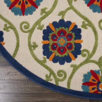 8' Navy Blue Beige Green Blue And Red Round Floral Indoor Outdoor Area Rug