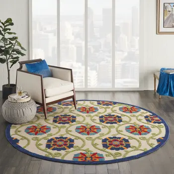 8' Navy Blue Beige Green Blue And Red Round Floral Indoor Outdoor Area Rug