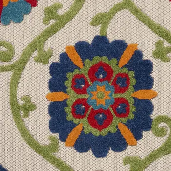 8' Navy Blue Beige Green Blue And Red Round Floral Indoor Outdoor Area Rug