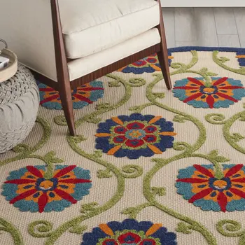 8' Navy Blue Beige Green Blue And Red Round Floral Indoor Outdoor Area Rug