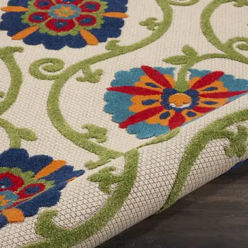 8' Navy Blue Beige Green Blue And Red Round Floral Indoor Outdoor Area Rug