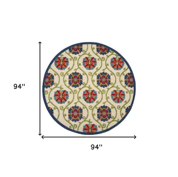 8' Navy Blue Beige Green Blue And Red Round Floral Indoor Outdoor Area Rug