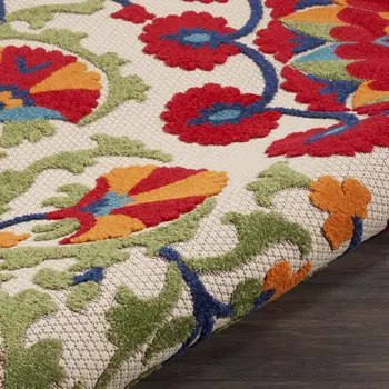 5' Navy Blue Beige Green Blue And Red Round Floral Indoor Outdoor Area Rug