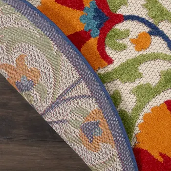 5' Navy Blue Beige Green Blue And Red Round Floral Indoor Outdoor Area Rug