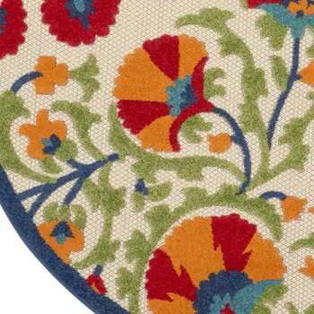 5' Navy Blue Beige Green Blue And Red Round Floral Indoor Outdoor Area Rug
