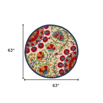 5' Navy Blue Beige Green Blue And Red Round Floral Indoor Outdoor Area Rug