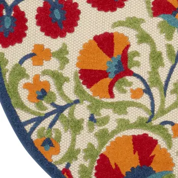 5' Navy Blue Beige Green Blue And Red Round Floral Indoor Outdoor Area Rug