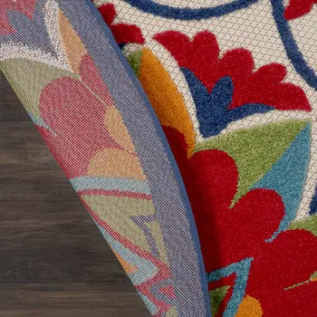 8' Navy Blue Beige Green Blue And Red Round Floral Indoor Outdoor Area Rug