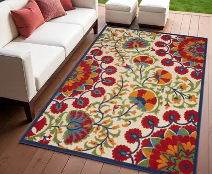 4' X 6' Navy Blue Beige Green Blue And Red Floral Indoor Outdoor Area Rug