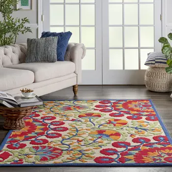 4' X 6' Navy Blue Beige Green Blue And Red Floral Indoor Outdoor Area Rug