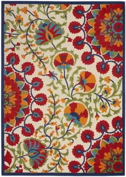 5' X 8' Navy Blue Beige Green Blue And Red Floral Indoor Outdoor Area Rug