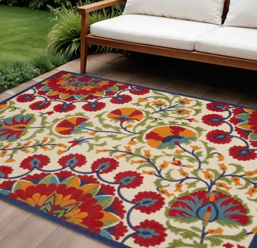 8' X 11' Navy Blue Beige Green Blue And Red Floral Indoor Outdoor Area Rug