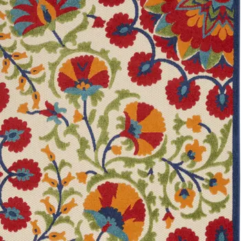 8' X 11' Navy Blue Beige Green Blue And Red Floral Indoor Outdoor Area Rug
