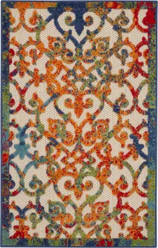 3' X 4' Navy Blue Beige Green Orange And Red Trellis Indoor Outdoor Area Rug