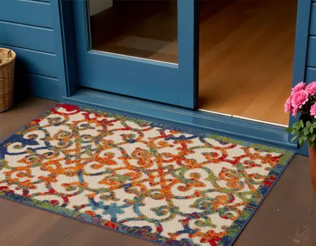 3' X 4' Navy Blue Beige Green Orange And Red Trellis Indoor Outdoor Area Rug